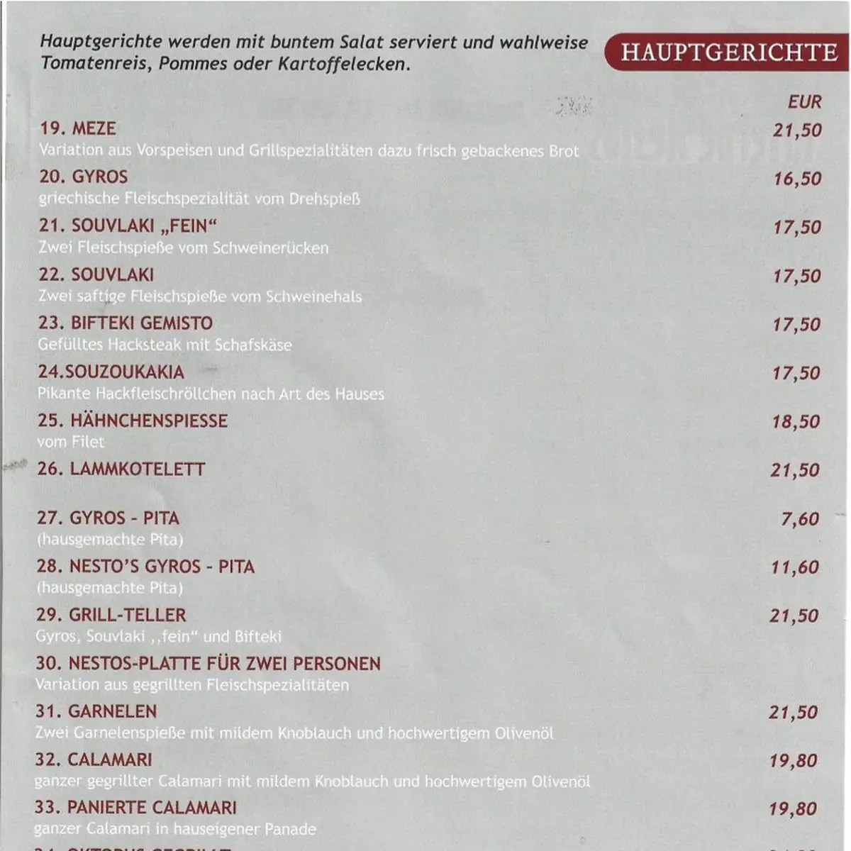 Speisekarte, Taverne Nestos