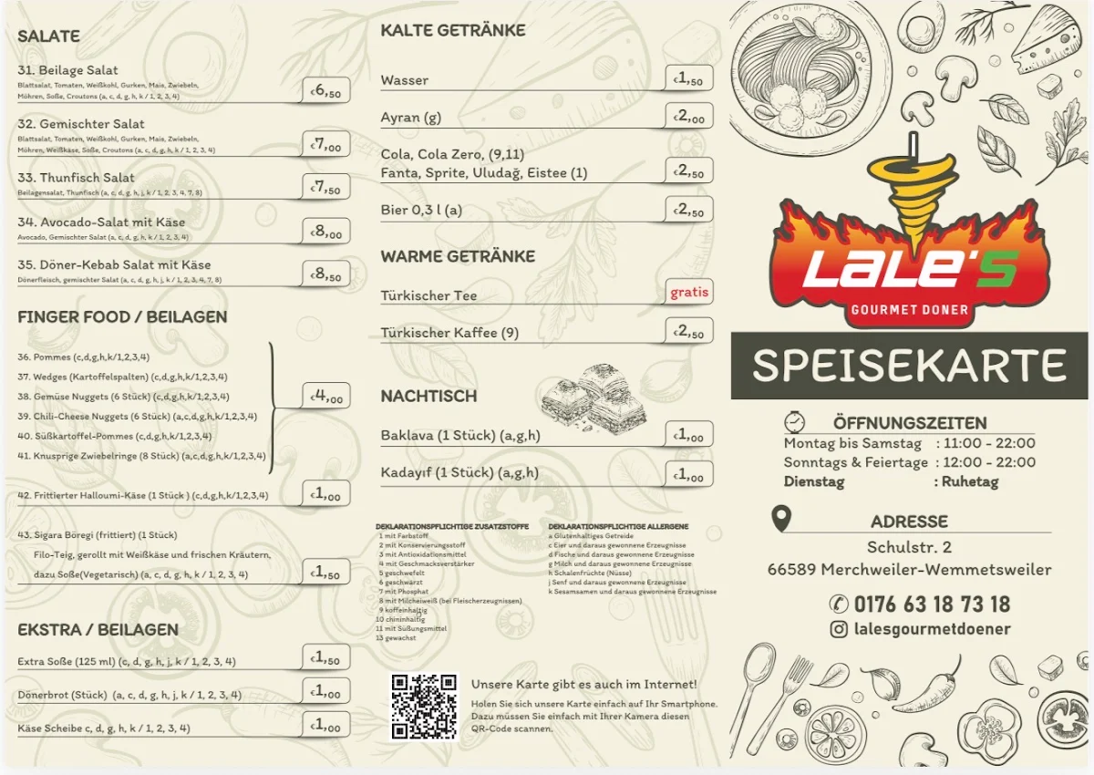 Speisekarte, Lale’s Gourmet Döner