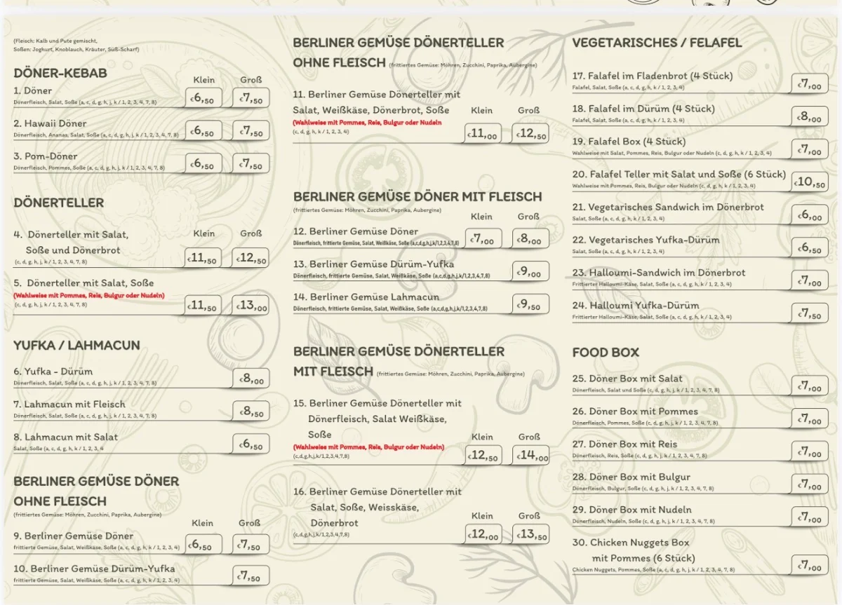 Speisekarte, Lale’s Gourmet Döner