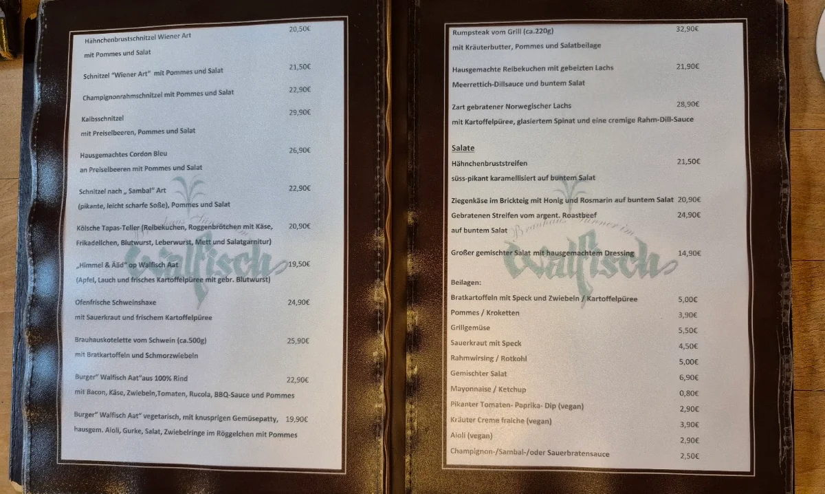 Speisekarte, Brauhaus Sünner im Walfisch