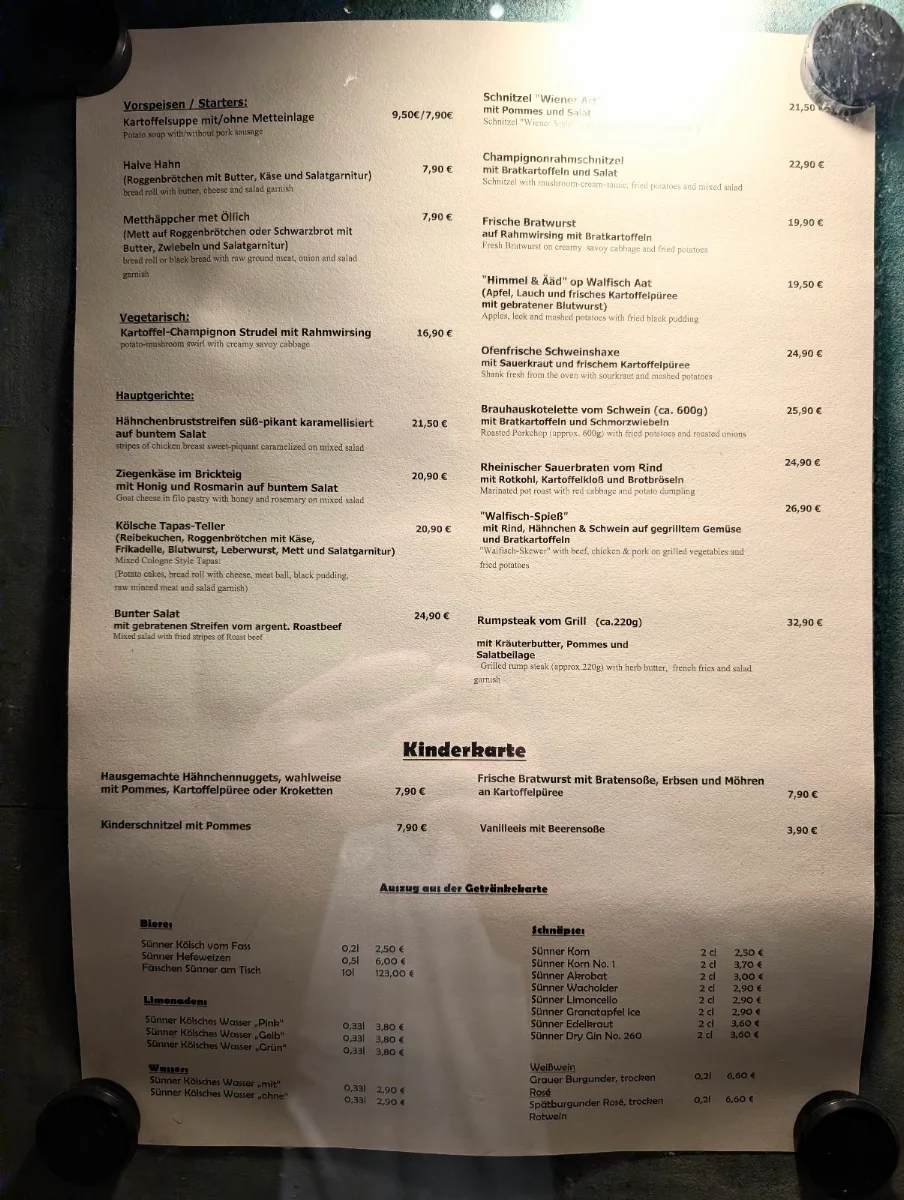 Speisekarte, Brauhaus Sünner im Walfisch
