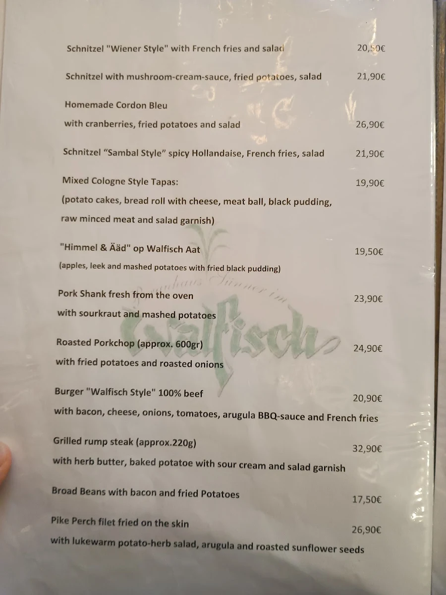 Speisekarte, Brauhaus Sünner im Walfisch