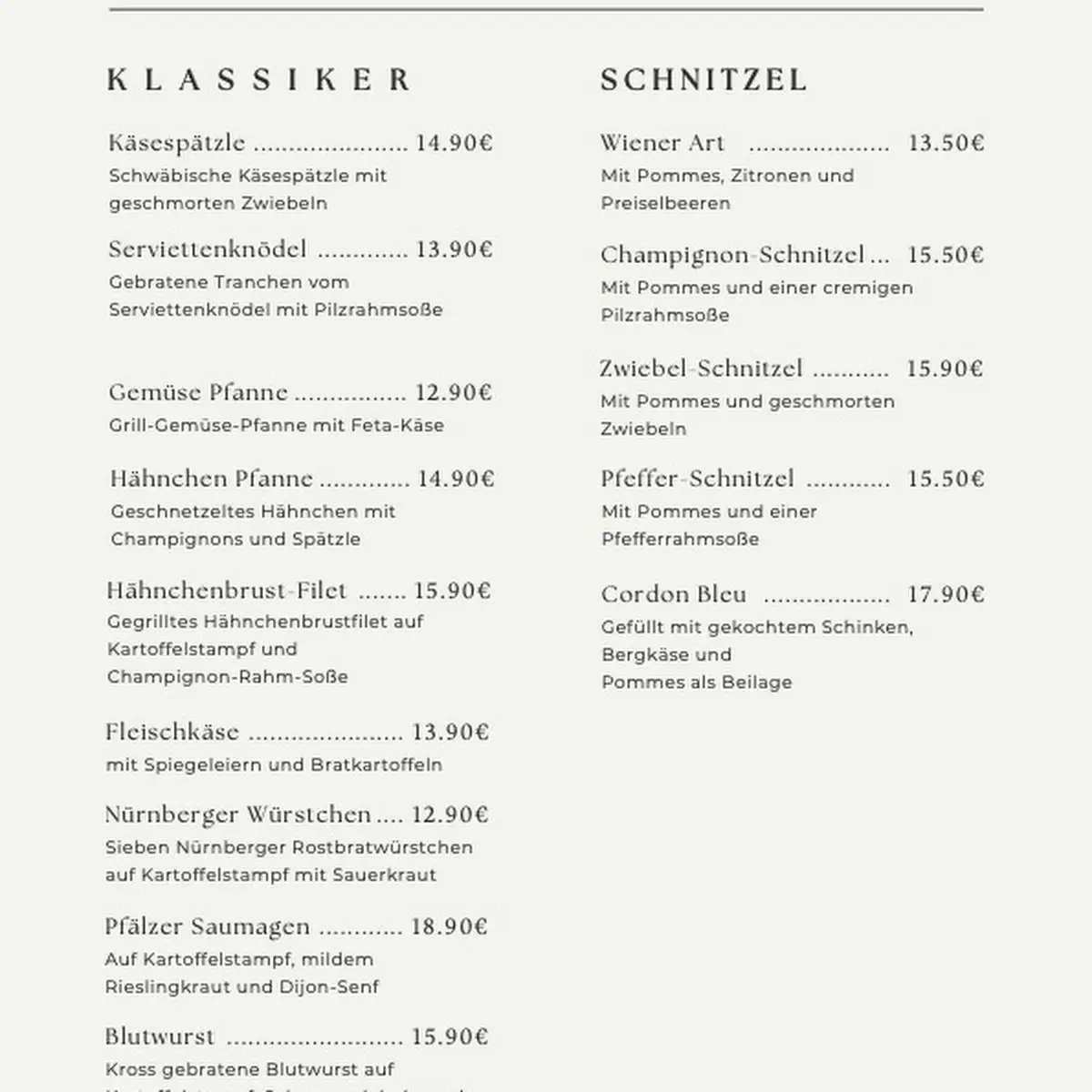 Speisekarte, Gaststätte Reiterschänke