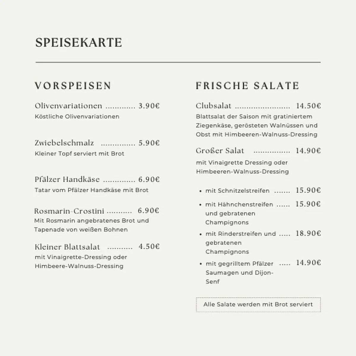 Speisekarte, Gaststätte Reiterschänke