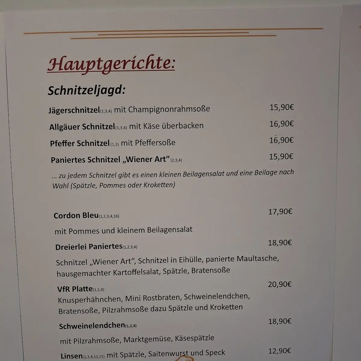Speisekarte, Gaststätte Bühl Krone