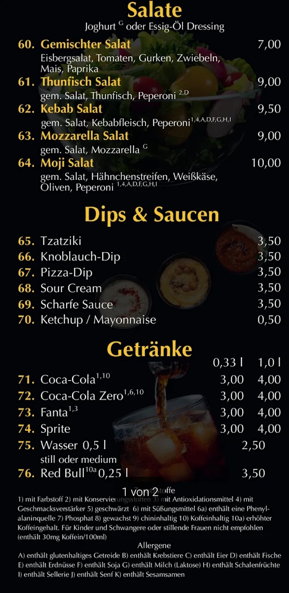Speisekarte, Café & Pizza Moji