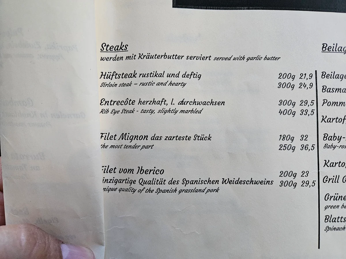 Speisekarte, Steakhouse ASADOR