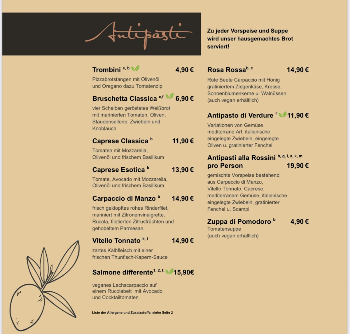 Speisekarte, Rossini Ristorante | Italienisches Restaurant im Golfclub Schweinfurt
