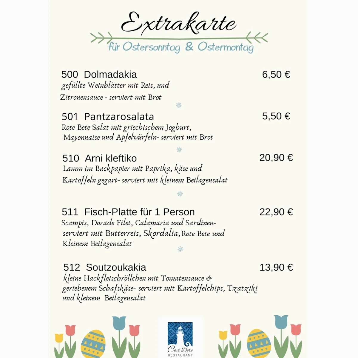 Speisekarte, Restaurant Cavo Doro