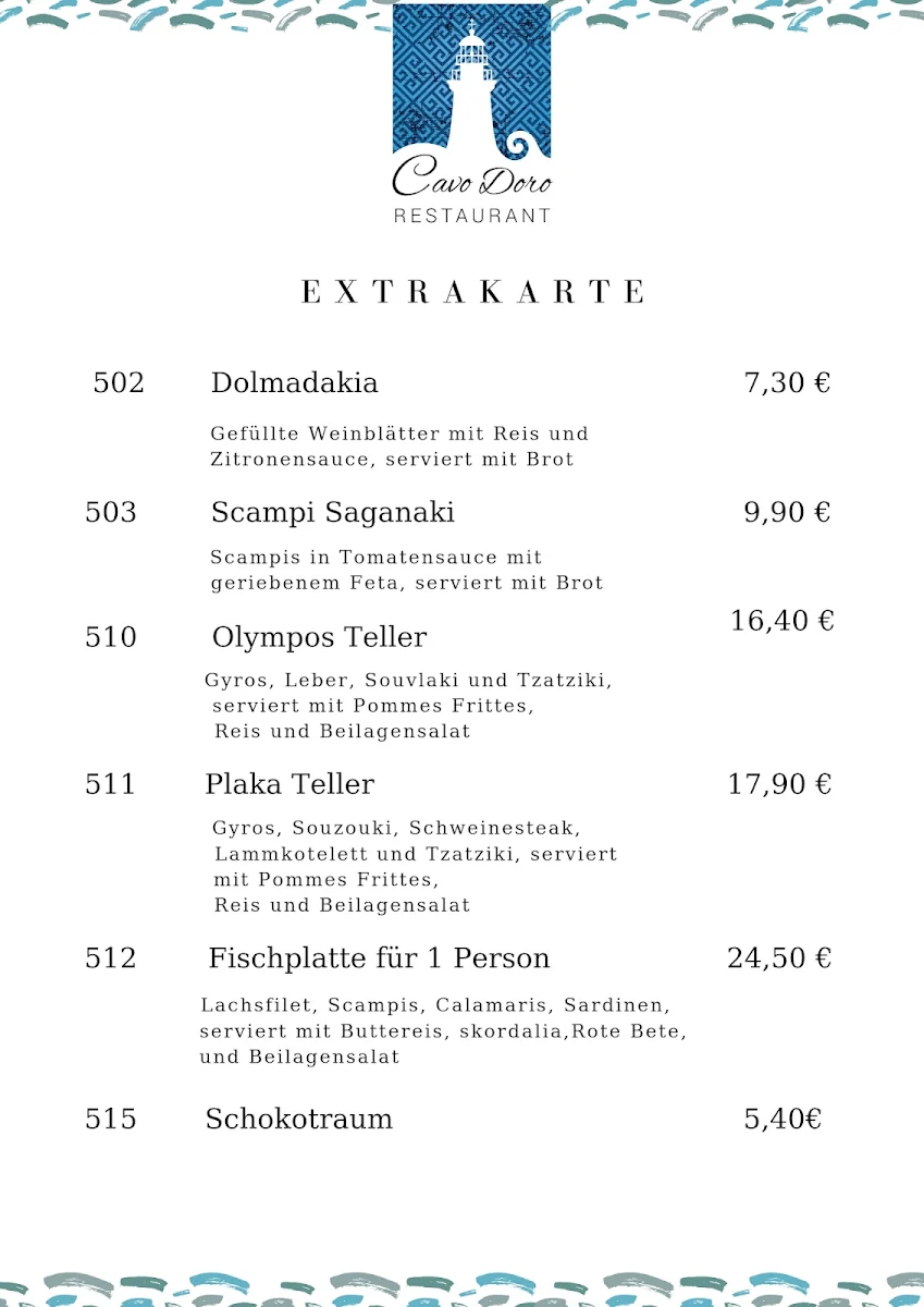 Speisekarte, Restaurant Cavo Doro