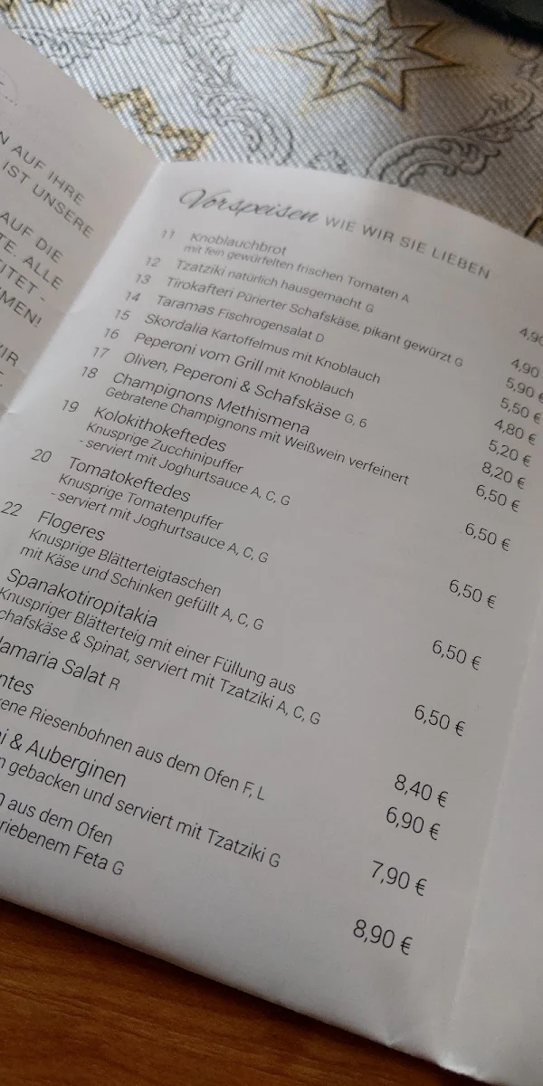 Speisekarte, Restaurant Cavo Doro