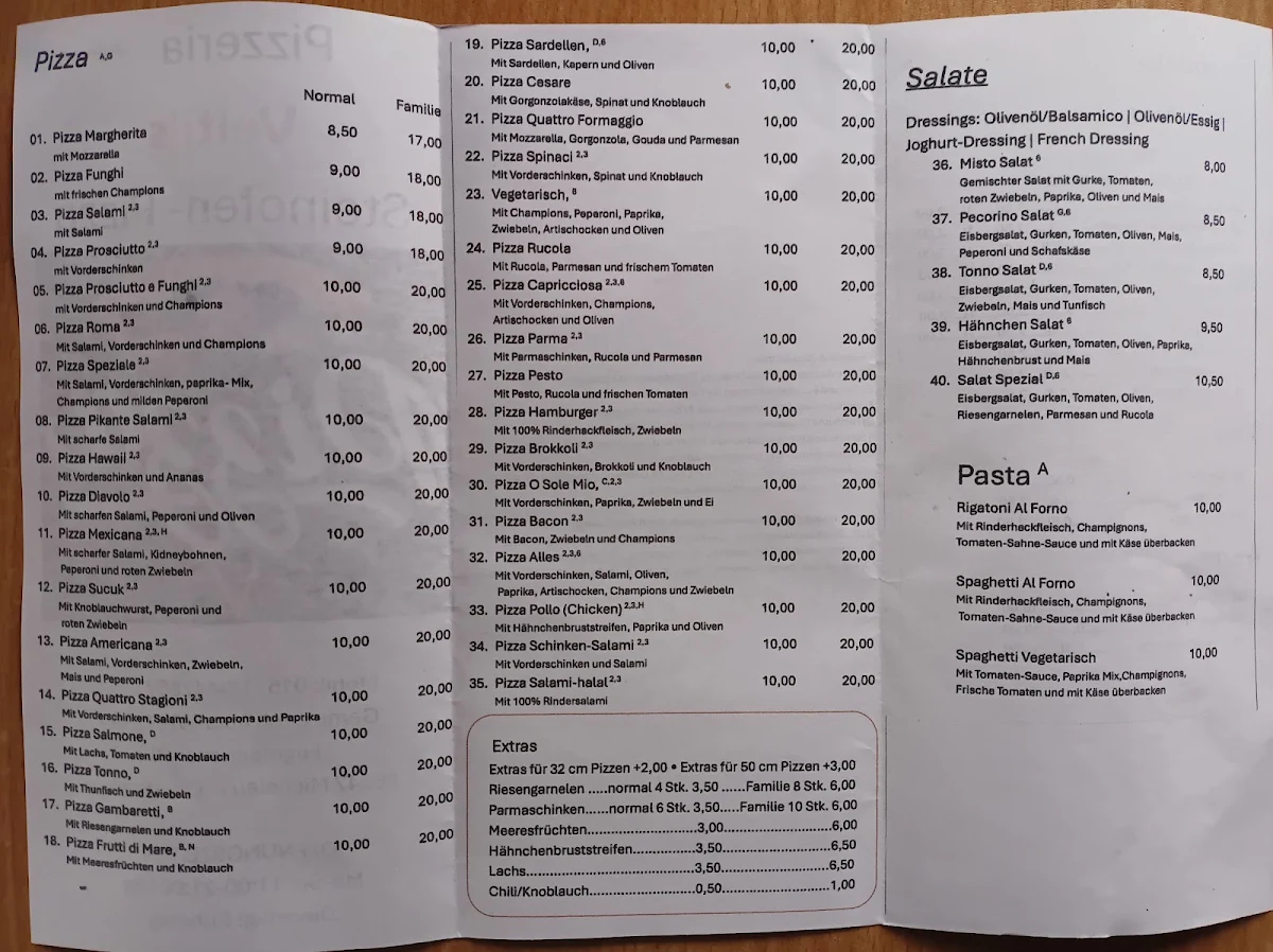 Speisekarte, Pizzeria Velti`s
