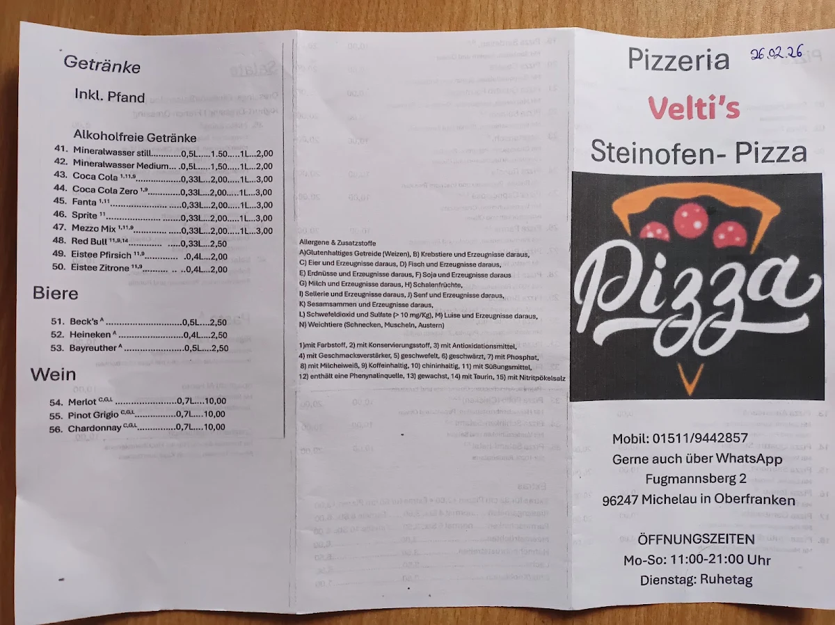 Speisekarte, Pizzeria Velti`s