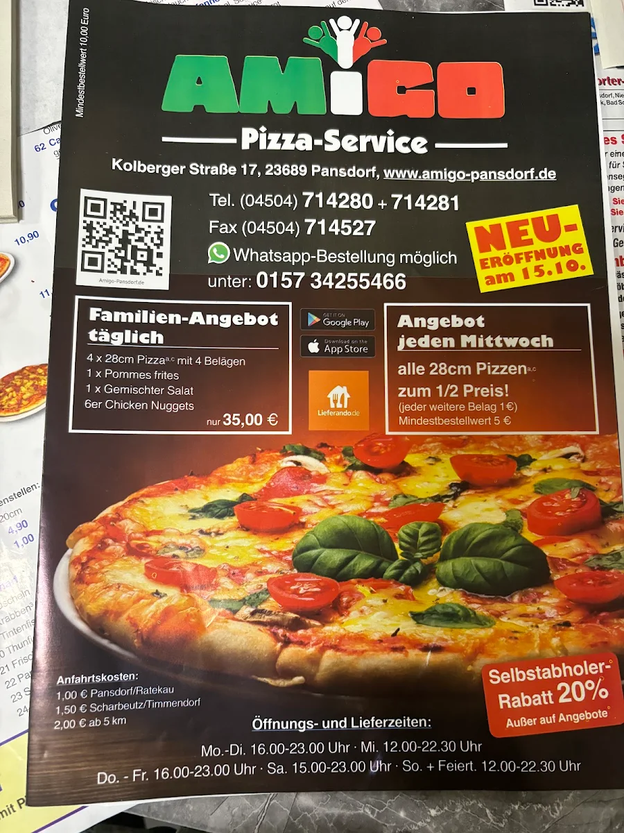 Speisekarte, Amigo Pizzaservice Pansdorf