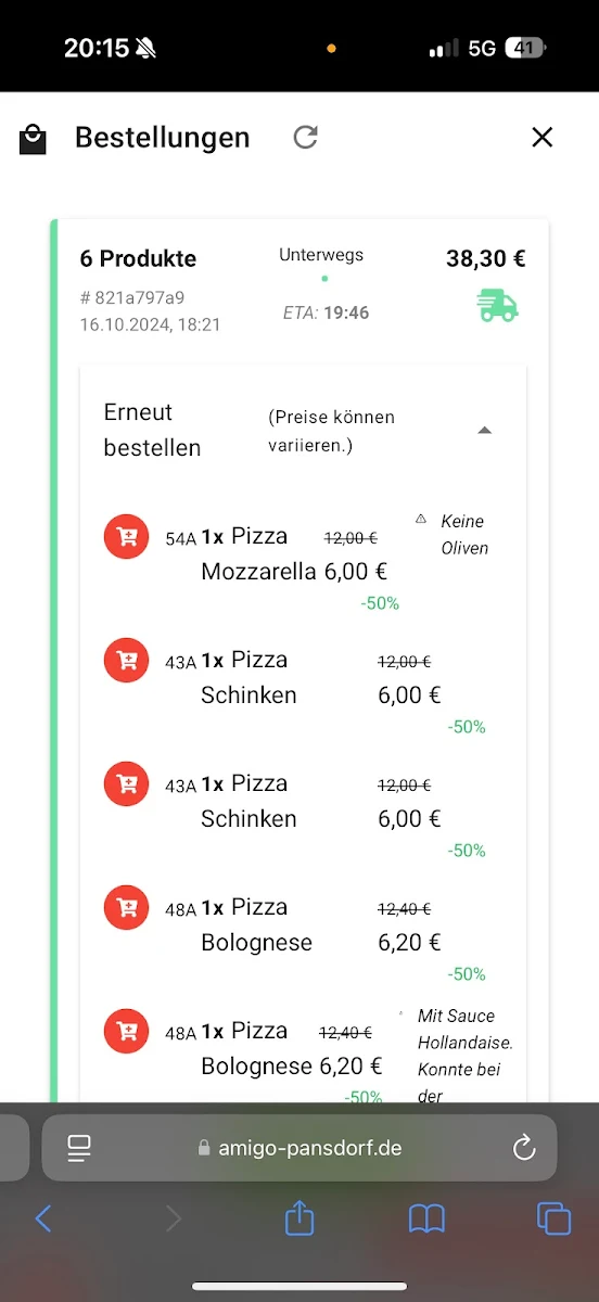 Speisekarte, Amigo Pizzaservice Pansdorf