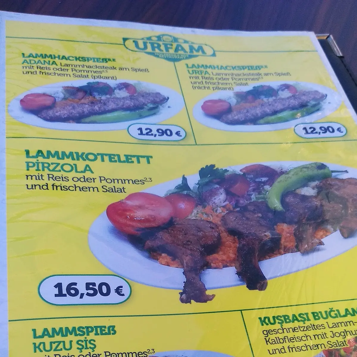 Speisekarte, Urfam Restaurant