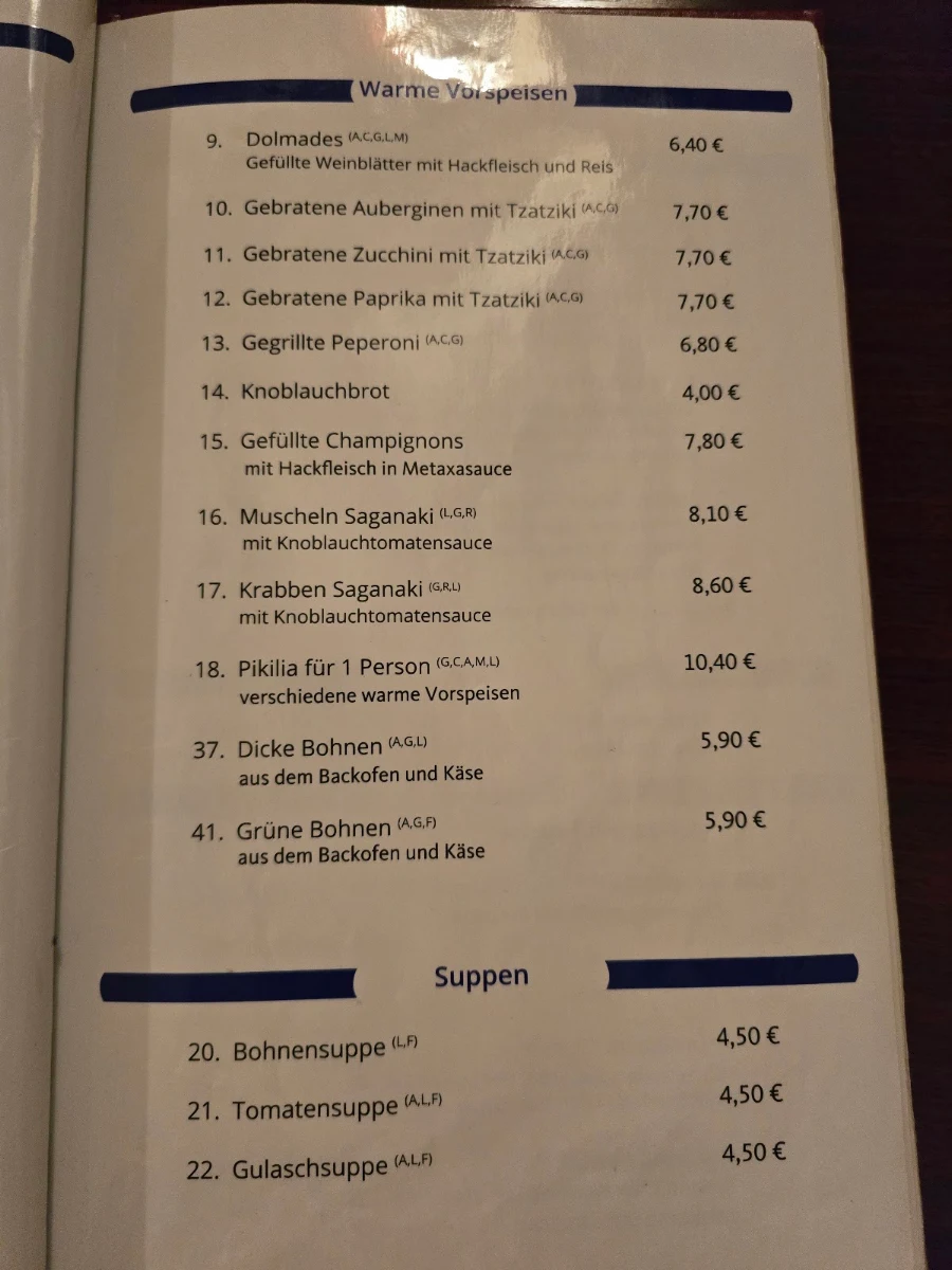 Speisekarte, Restaurant Filoxenia