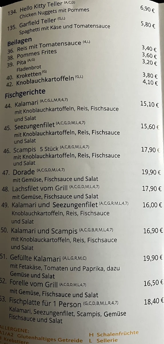 Speisekarte, Restaurant Filoxenia