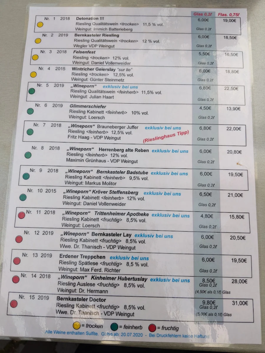 Speisekarte, Weinstube Spitzhäuschen