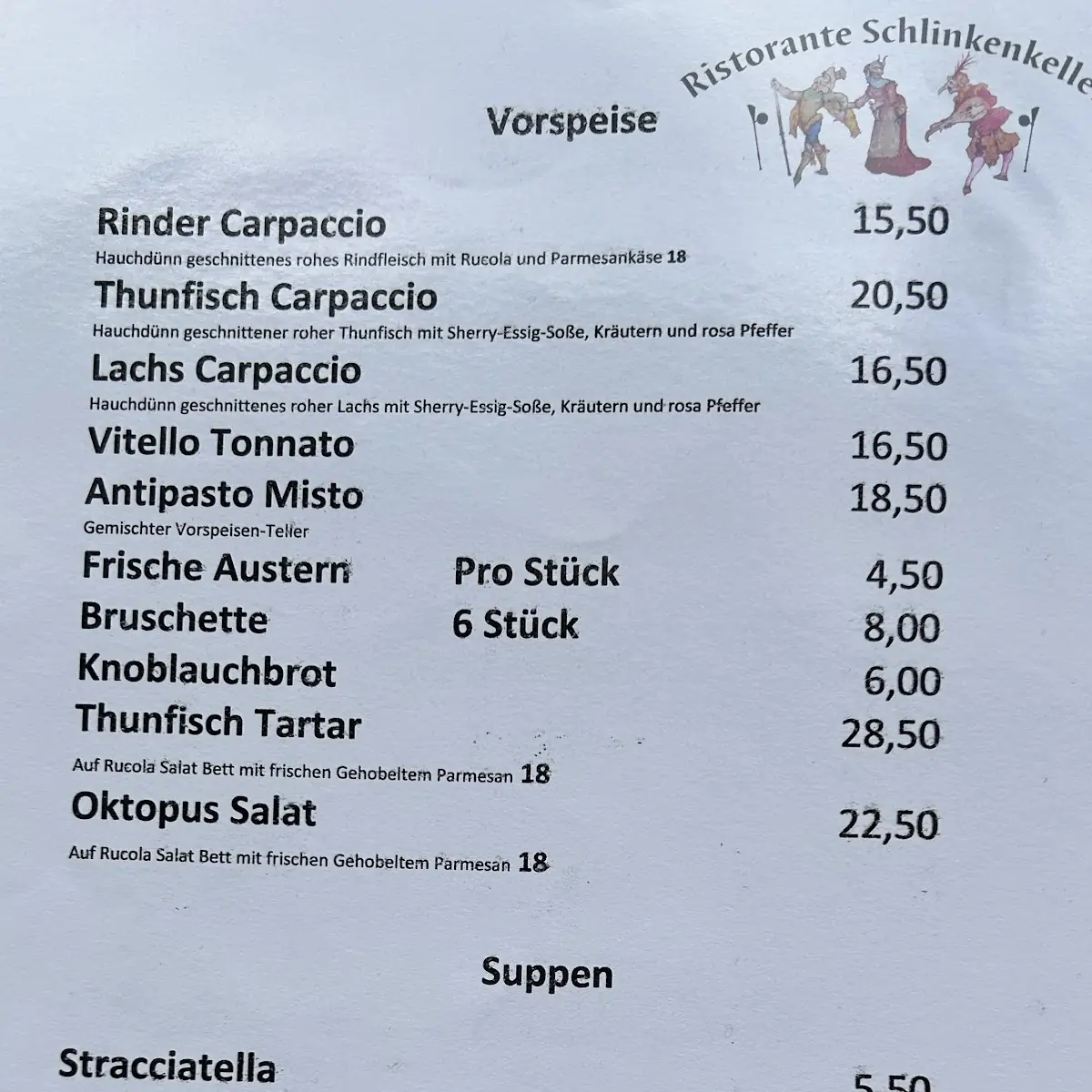 Speisekarte, Ristorante Schlinkenkeller