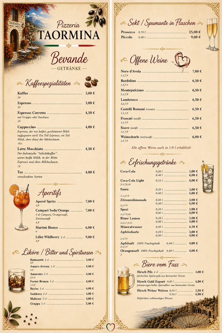Speisekarte, Pizzeria Ristorante Taormina