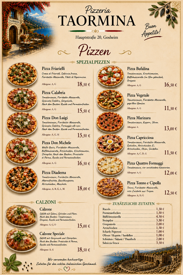Speisekarte, Pizzeria Ristorante Taormina