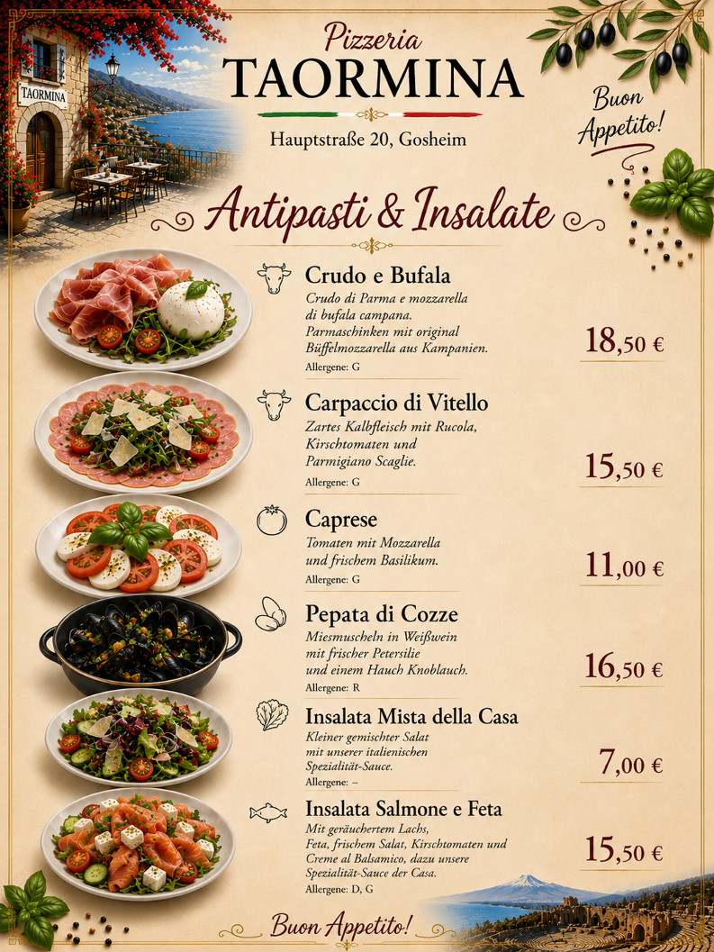 Speisekarte, Pizzeria Ristorante Taormina
