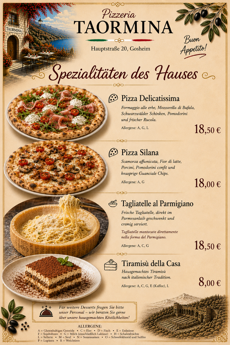 Speisekarte, Pizzeria Ristorante Taormina