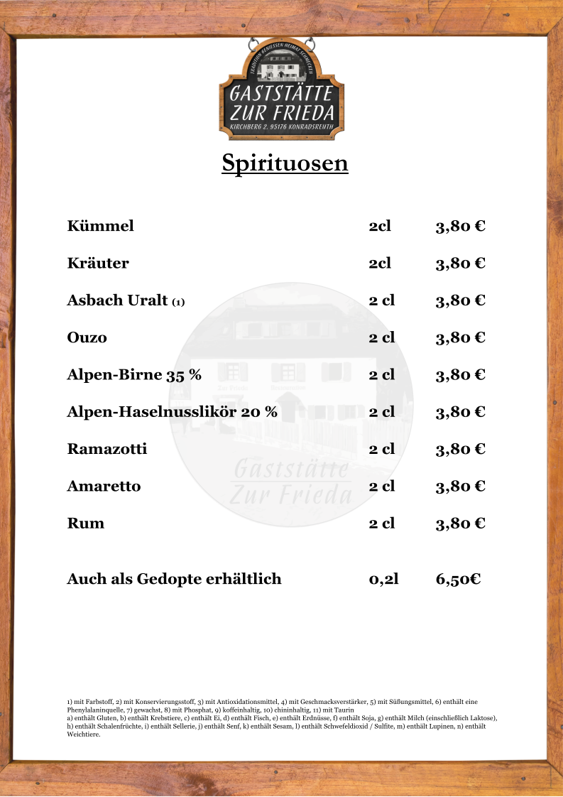Speisekarte, Gaststätte "Zur Frieda"