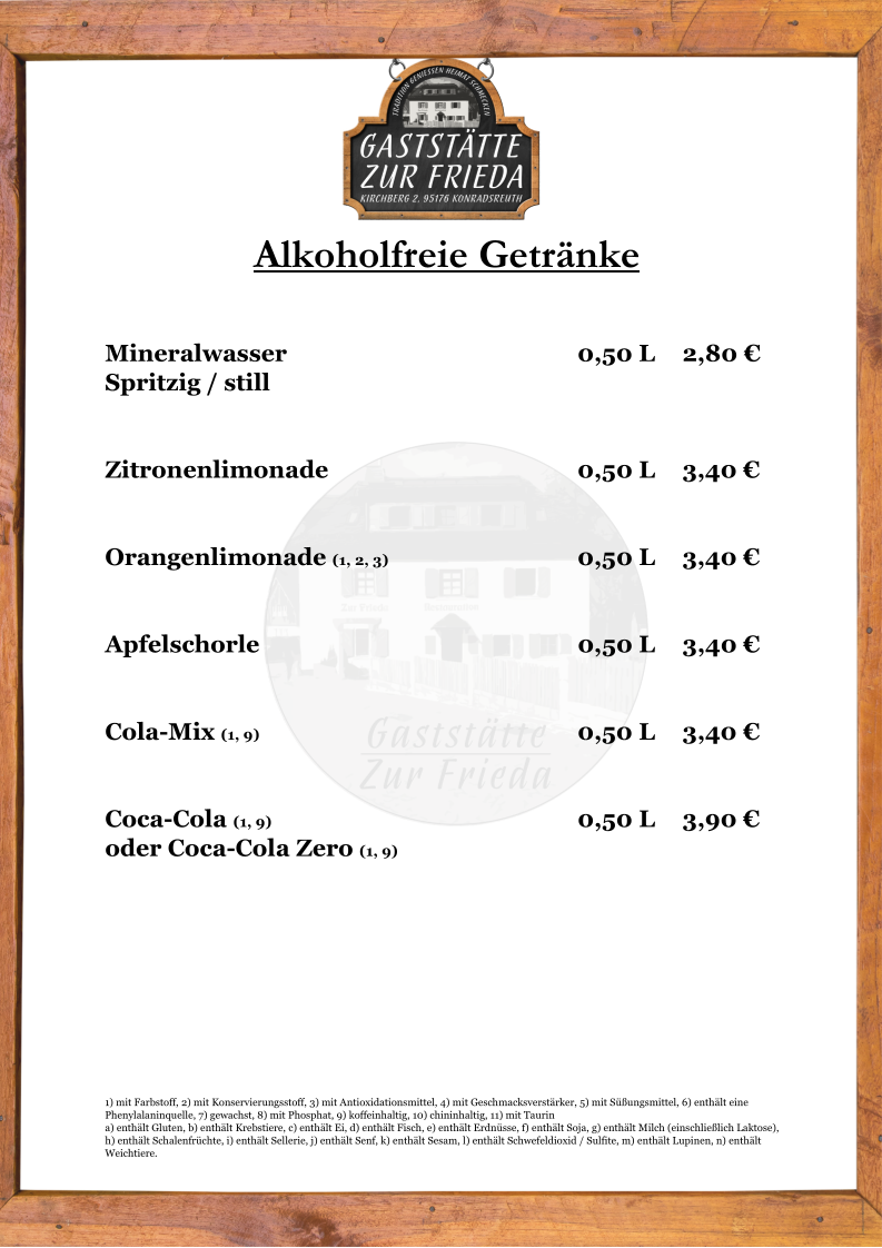 Speisekarte, Gaststätte "Zur Frieda"
