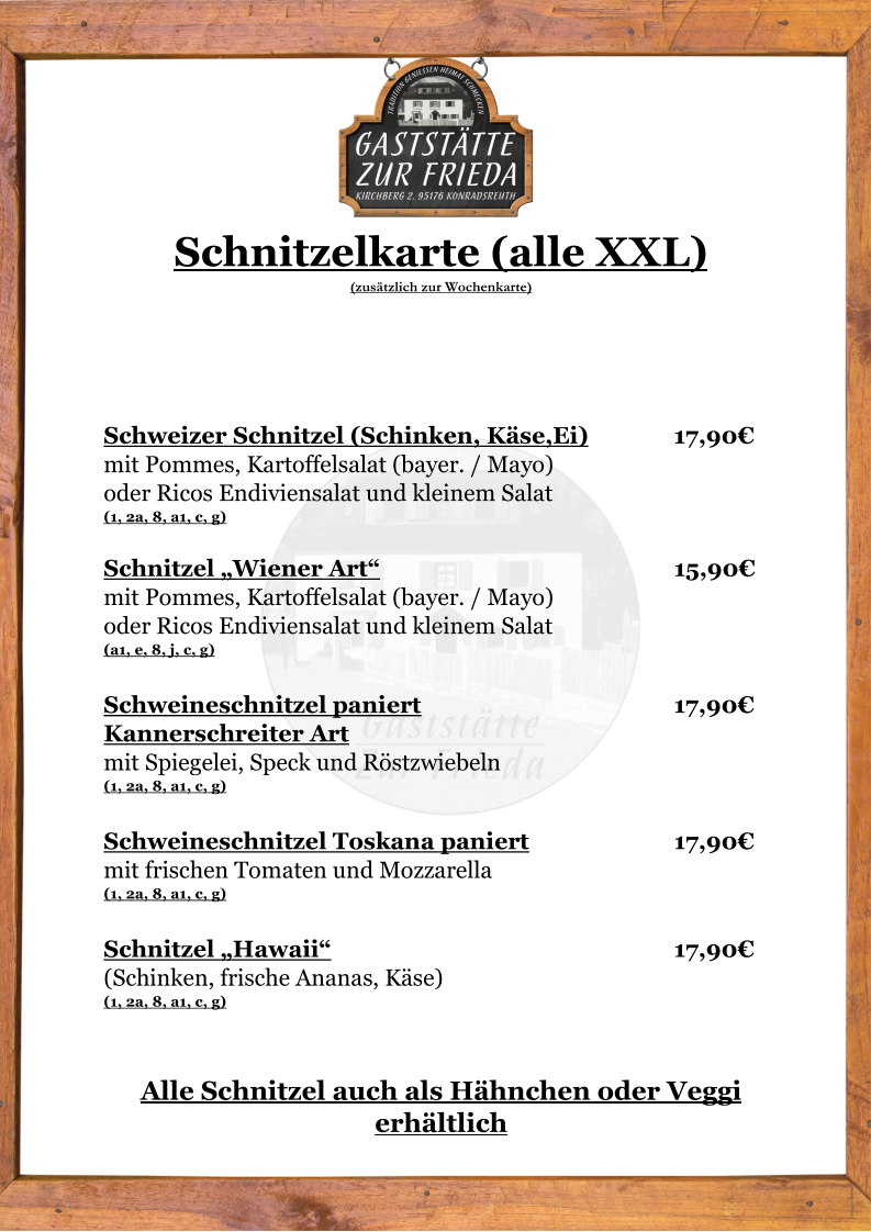 Speisekarte, Gaststätte "Zur Frieda"