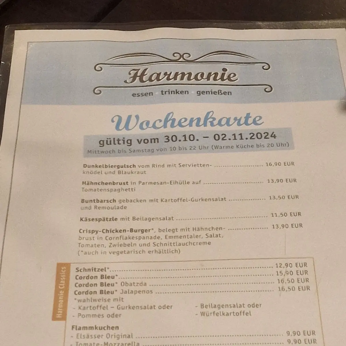 Speisekarte, Restaurant Harmonie