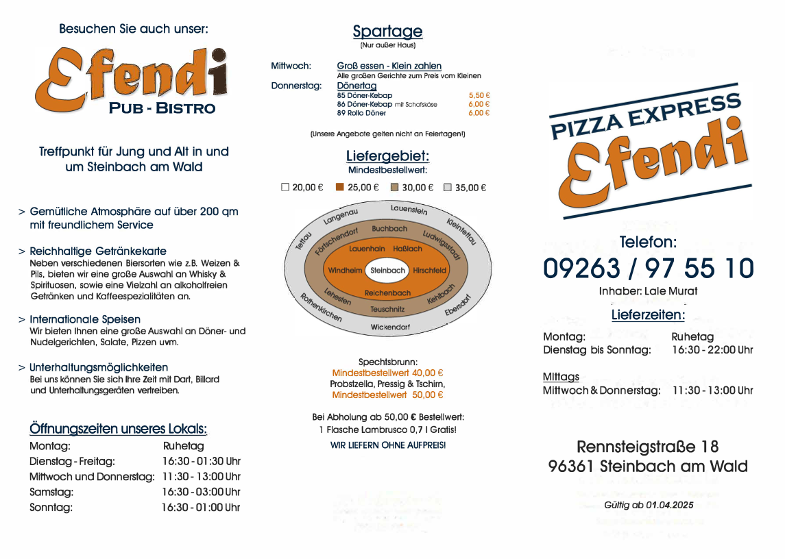 Speisekarte, Efendi Pub Bistro