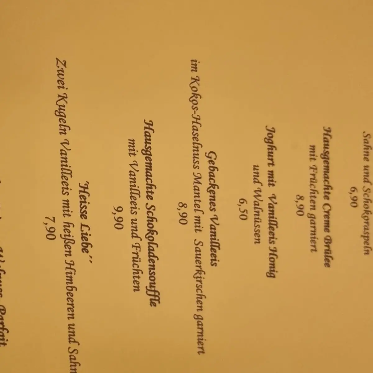 Speisekarte, Restaurant Vier Jahreszeiten
