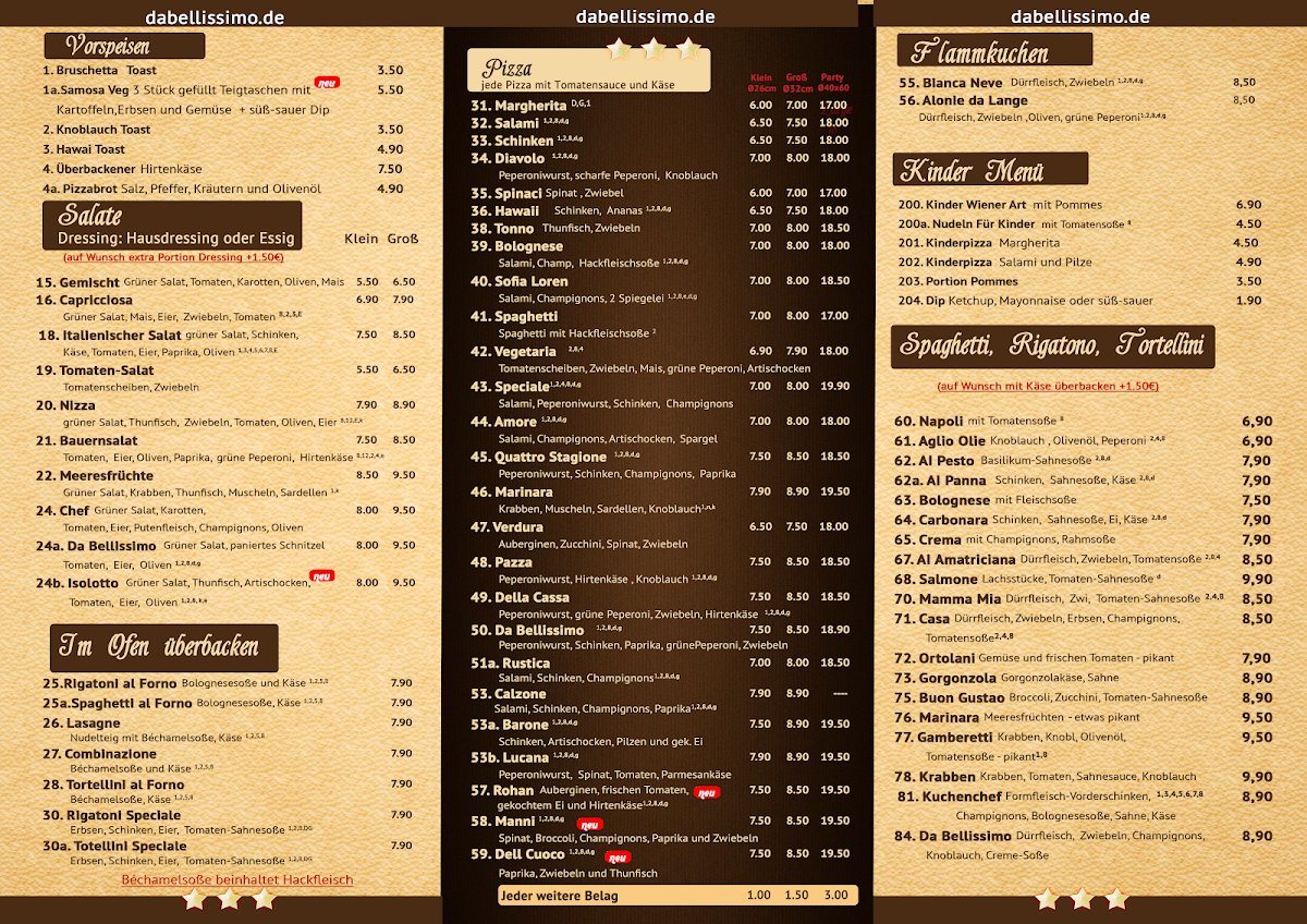Speisekarte, Da Bellissimo Pizzeria Schiffweiler