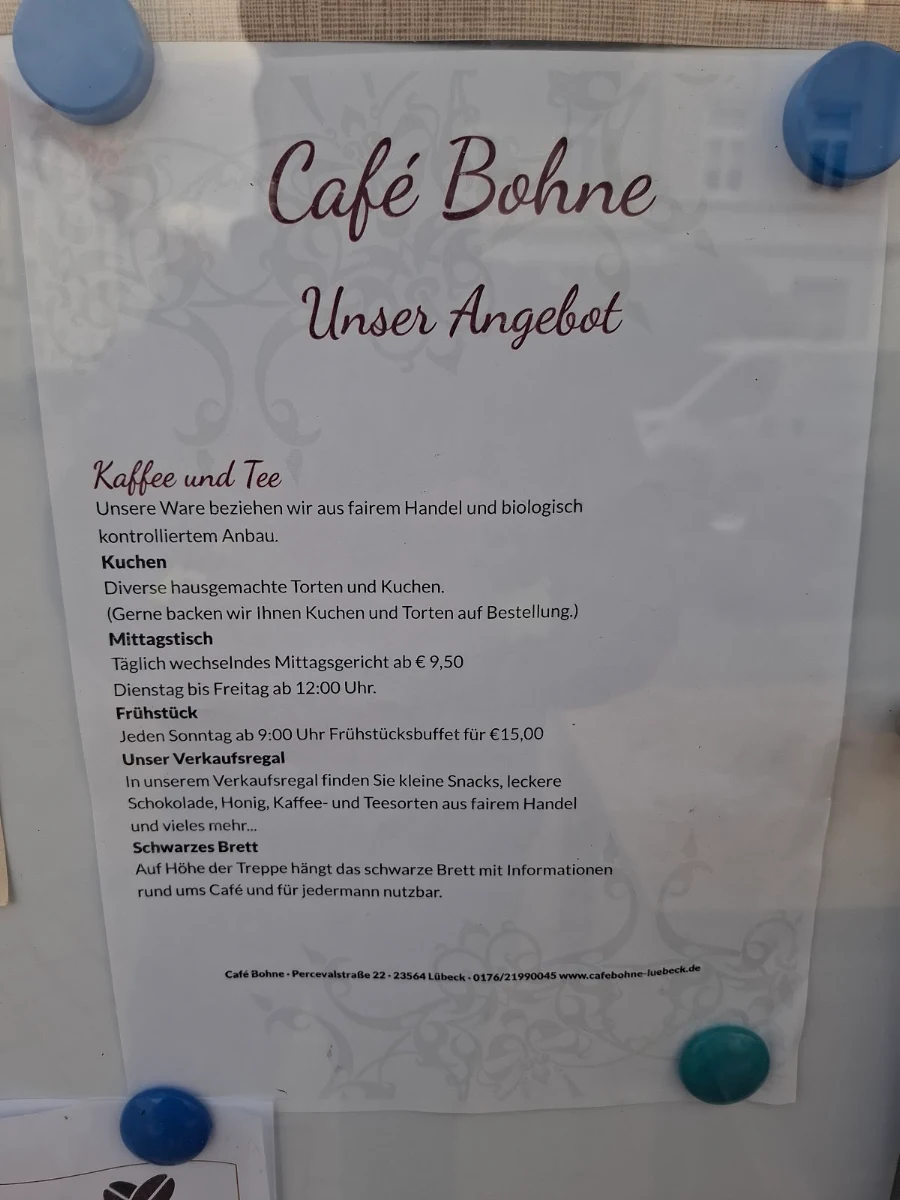 Speisekarte, Café Bohne