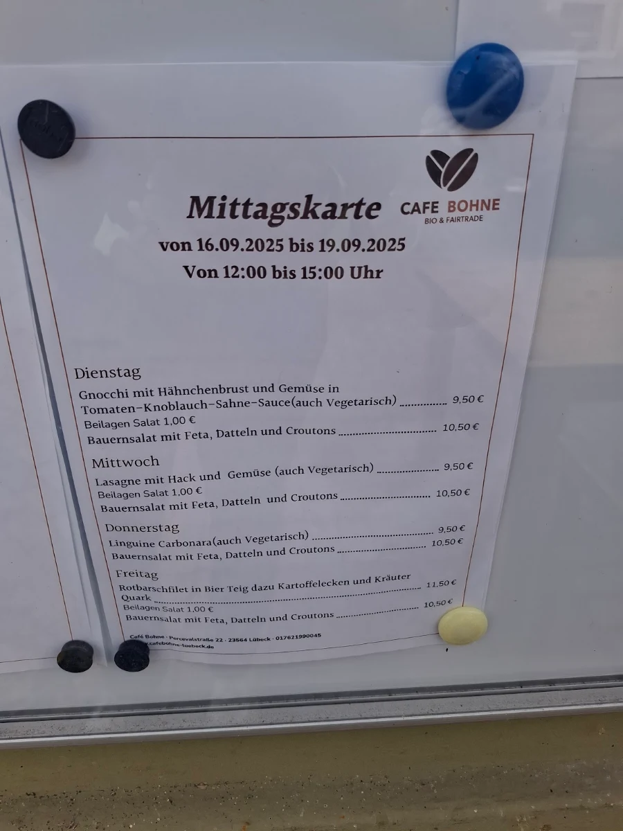 Speisekarte, Café Bohne