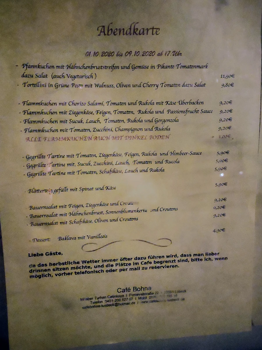 Speisekarte, Café Bohne