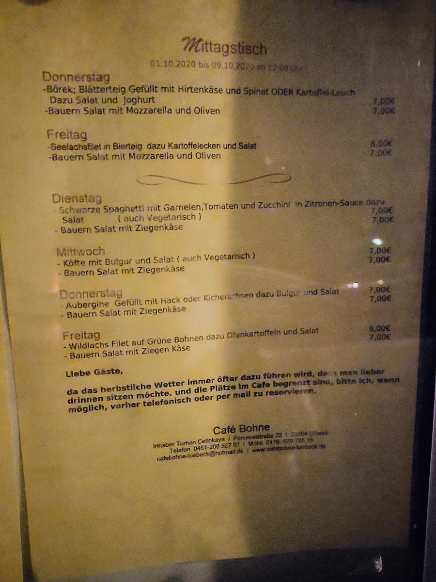 Speisekarte, Café Bohne
