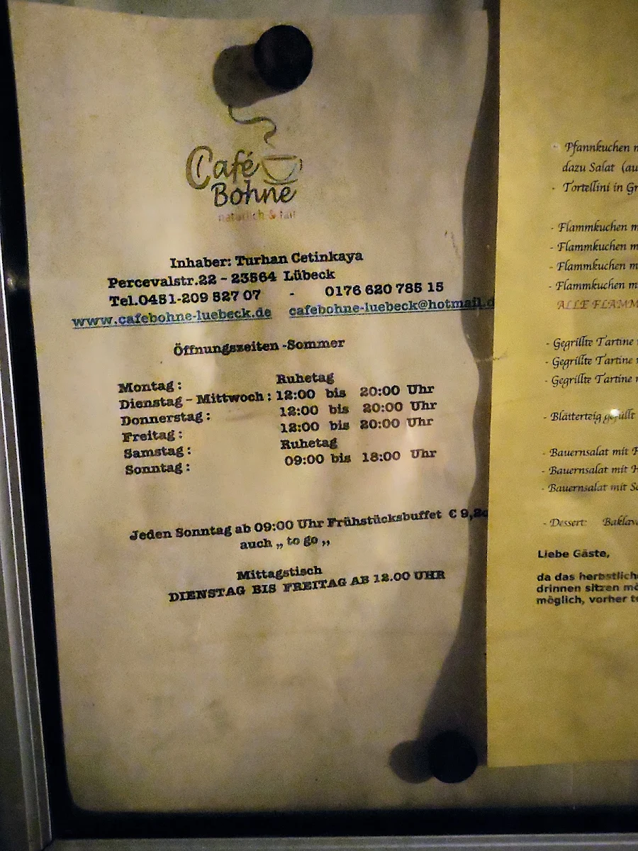 Speisekarte, Café Bohne