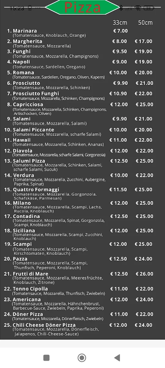 Speisekarte, Pizzeria Milano