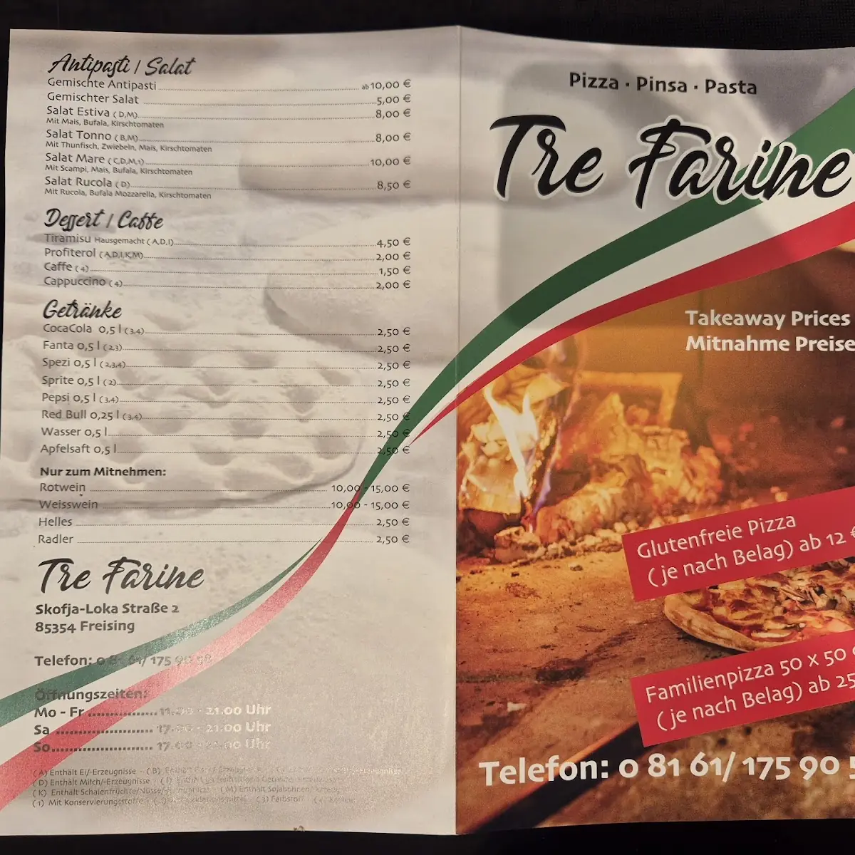Speisekarte, Pizzeria Tre Farine