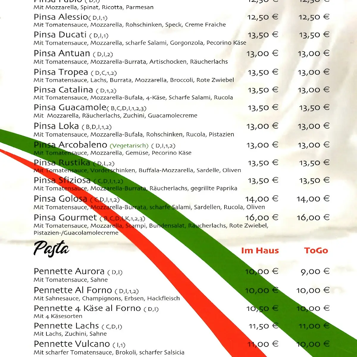 Speisekarte, Pizzeria Tre Farine