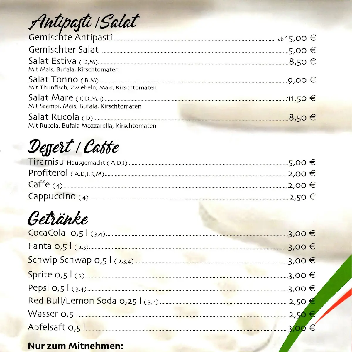 Speisekarte, Pizzeria Tre Farine