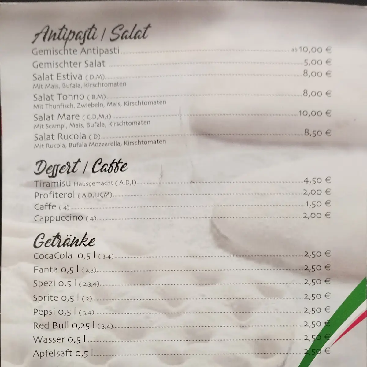 Speisekarte, Pizzeria Tre Farine