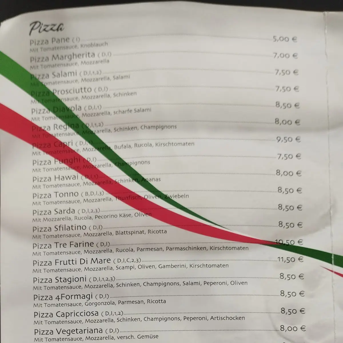 Speisekarte, Pizzeria Tre Farine