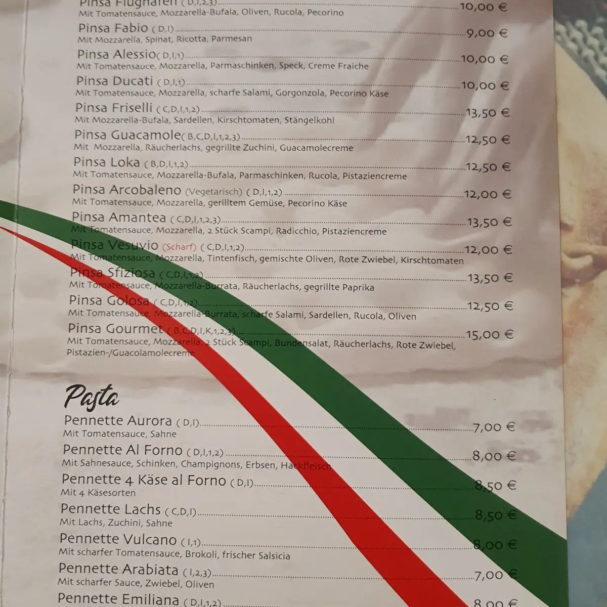 Speisekarte, Pizzeria Tre Farine