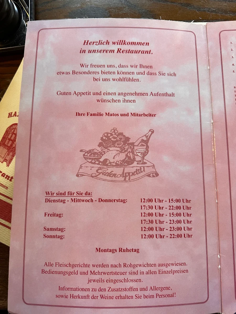 Speisekarte, Hazienda Restaurant