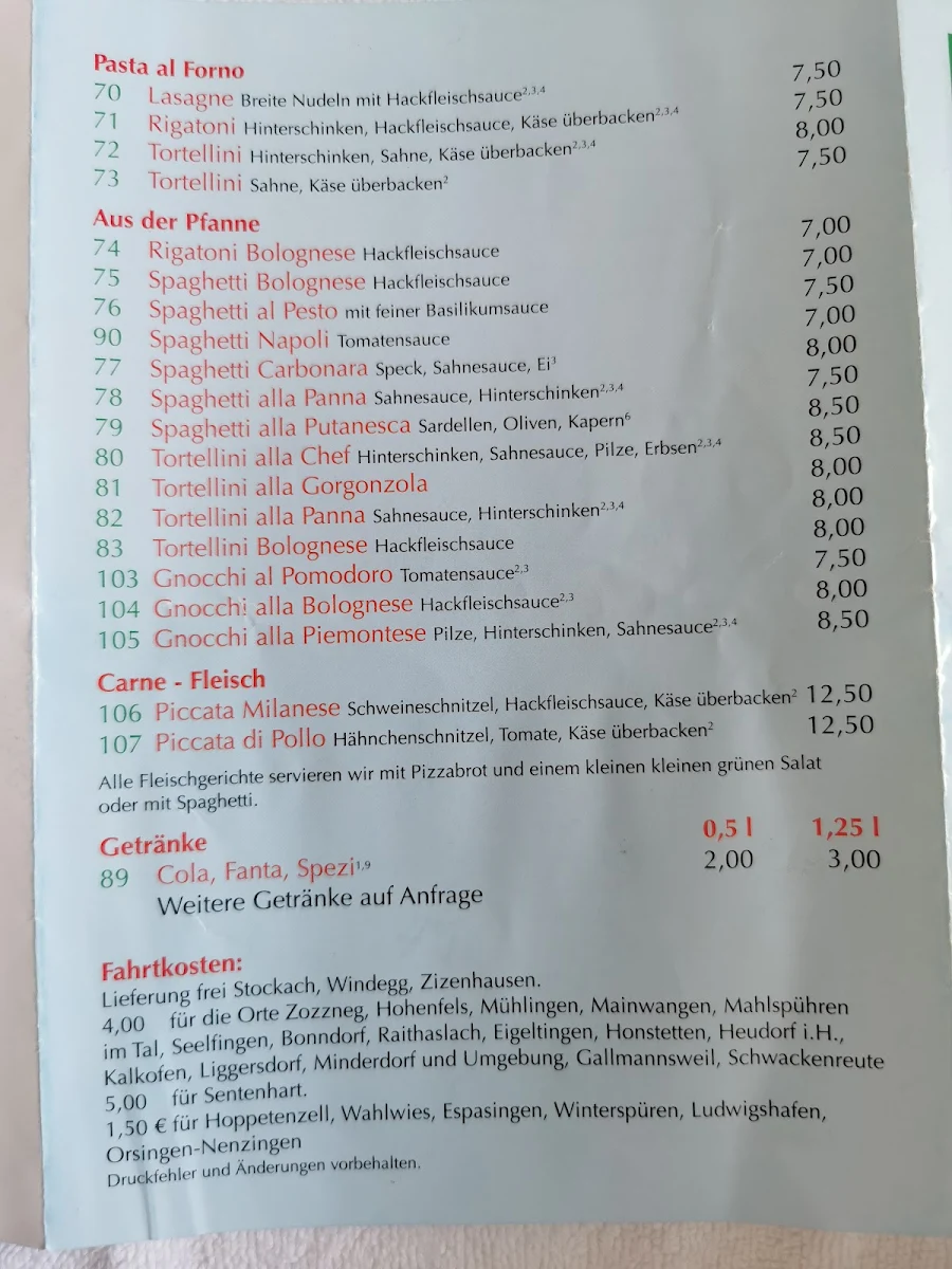 Speisekarte, Pronto Pizza Presto