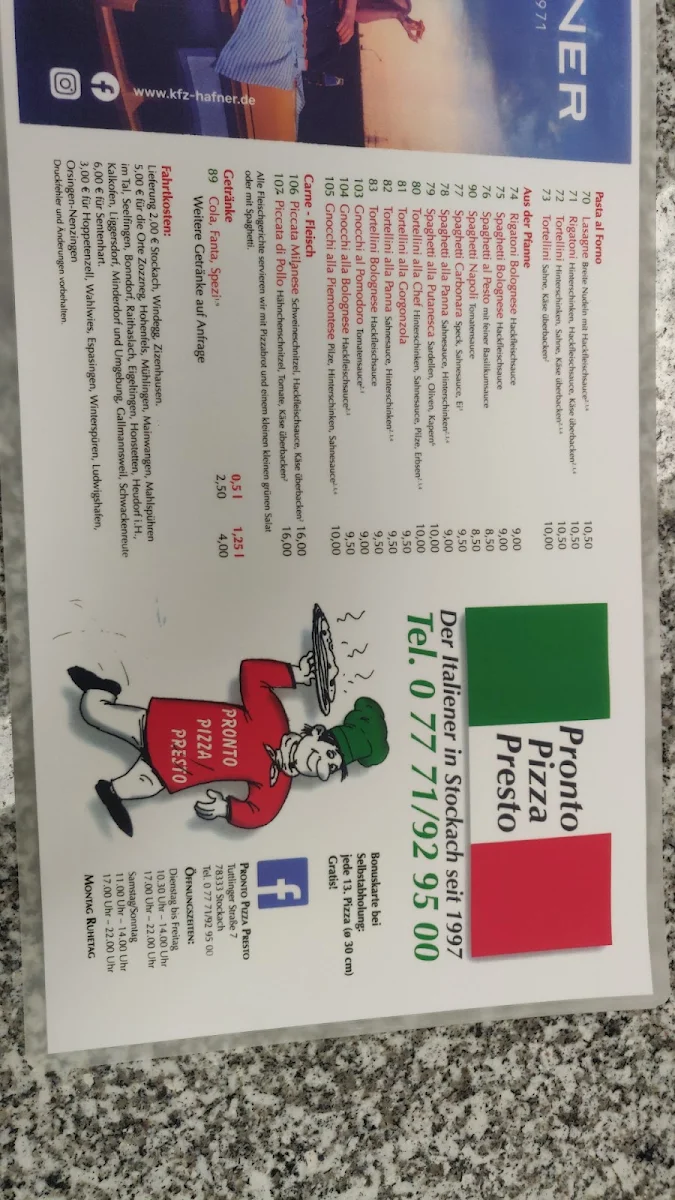 Speisekarte, Pronto Pizza Presto